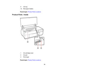 Page 19

9
 CD
tray
 10
 Roll
paper holders
 Parent
topic:Product PartsLocations
 Product
Parts-Inside
 1
 Ink
cartridge cover
 2
 Ink
pad
 3
 Print
head
 Parent
topic:Product PartsLocations
 19  