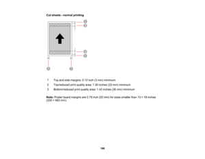 Page 196

Cut
sheets -normal printing
 1
 Top
andside margins: 0.12inch(3mm) minimum
 2
 Top/reduced
printquality area:1.30inches (33mm) minimum
 3
 Bottom/reduced
printquality area:1.42inches (36mm) minimum
 Note:
Poster boardmargins are0.79 inch(20mm) forsizes smaller than13×19 inches
 (330
×483 mm).
 196  
