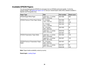 Page 26Available EPSON Papers
You can purchase genuine EPSON ink and paper from an EPSON authorized reseller. To find the
nearest reseller, visit global.latin.epson.com or call your nearest Epson sales office (website available in
Spanish and Portuguese only).
Paper Type SizePart number Sheet count
EPSON Bright White Paper Letter (8.5 × 11 inches S041586 500
[216 × 279 mm])
EPSON Premium Photo Paper Glossy 4 × 6 inches S041808 40
(102 × 152 mm) S041727 100
5 × 7 inches S041464 20
(127 × 178 mm)
8 × 10 inches...
