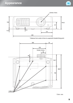 Page 119
Appearance
Center of lens
* Distance from center of lens to suspension bracket fixing point
Units: mm
Center of lens 450131148.3
4.5
12.3
134.7
5-M4×9389.7 150 136
160 4575 300
5672
* 