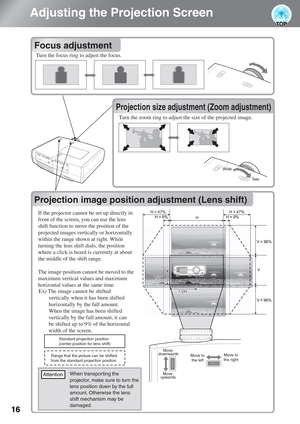 Page 1816
Adjusting the Projection Screen
Focus adjustment
Projection size adjustment (Zoom 
adjustment)
Projection image position adjustment 
(Lens shift)
If the projector cannot be set up directly in 
front of the screen, you can use the lens 
shift function to move the position of the 
projected images vertically or horizontally 
within the range shown at right. While 
turning the lens shift dials, the position 
where a click is heard is currently at about 
the middle of the shift range.
The image position...