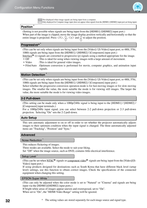 Page 3432
Configuration Menu Functions
(Setting is not possible when signals are being input from the [HDMI1] /[HDMI2] input port.)
When part of the image is clipped, move the image display position vertically and horizontally so that the
entire image is projected. Press  ,  ,   and   to adjust the position.
(This can be set only when signals are being input from the [Video] / [S-Video] input port, or 480i, 576i,
1080i signals are being input from the [HDMI1] / [HDMI2] / [Component] input port.)
Interlace
 (i)...