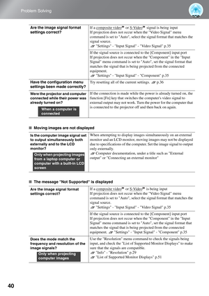 Page 4240
Problem Solving
■Moving images are not displayed
■The message Not Supported is displayed Are the image signal format 
settings correct?If a composite video
  or S-Video  signal is being input
If projection does not occur when the Video Signal menu 
command is set to Auto, select the signal format that matches the 
signal source.
Settings - Input Signal - Video Signal p.35
If the signal source is connected to the [Component] input port
If projection does not occur when the Component in the Input...