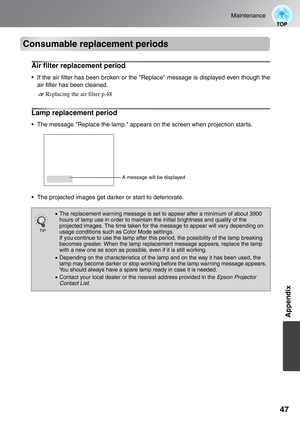 Page 4947
Maintenance
Appendix
Consumable replacement periods
Air filter replacement period
 If the air filter has been broken or the Replace message is displayed even though the
air filter has been cleaned.
Replacing the air filter p.48
Lamp replacement period
 The message Replace the lamp. appears on the screen when projection starts.
 The projected images get darker or start to deteriorate.
•The replacement warning message is set to appear after a minimum of about 3900 
hours of lamp use in order to maintain...