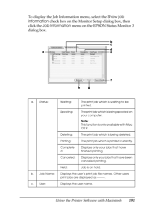 Page 191Using the Printer Software with Macintosh191
5
5
5
5
5
5
5
5
5
5
5
5
To display the Job Information menu, select the Show job 
information check box on the Monitor Setup dialog box, then 
click the Job Information menu on the EPSON Status Monitor 3 
dialog box.
a. Status: Waiting: The print job which is waiting to be 
printed.
Spooling: The print job which is being spooled on 
your computer.
Note:
This function is only available with Mac 
OS 9.
Deleting: The print job which is being deleted.
Printing:...