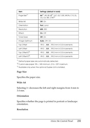 Page 231Using the Control Panel231
7
7
7
7
7
7
7
7
7
7
7
7
*1Default paper sizes are automatically detected.
*2Custom-size paper: 98 × 148 minimum, 216 × 297 maximum.
*3Available only when the optional Duplex Unit is installed.
Page Size
Specifies the paper size.
Wide A4
Selecting On decreases the left and right margins from 4 mm to 
3.4 mm.
Orientation
Specifies whether the page is printed in portrait or landscape 
orientation.
Resolution
Item Settings (default in bold)
Page Size
*1A4*1, A5, B5, LT*1, HLT, GLT,...