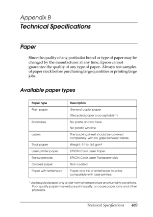 Page 403Technical Specifications403
B
B
B
B
B
B
B
B
B
B
B
B
Appendix B 
Technical Specifications
Paper
Since the quality of any particular brand or type of paper may be 
changed by the manufacturer at any time, Epson cannot 
guarantee the quality of any type of paper. Always test samples 
of paper stock before purchasing large quantities or printing large 
jobs.
Available paper types
* Use recycled paper only under normal temperature and humidity conditions. 
Poor quality paper may reduce print quality, or cause...