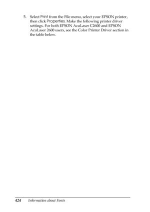 Page 424424Information about Fonts 5. Select Print from the File menu, select your EPSON printer, 
then click Properties. Make the following printer driver 
settings. For both EPSON AcuLaser C2600 and EPSON 
AcuLaser 2600 users, see the Color Printer Driver section in 
the table below.
 