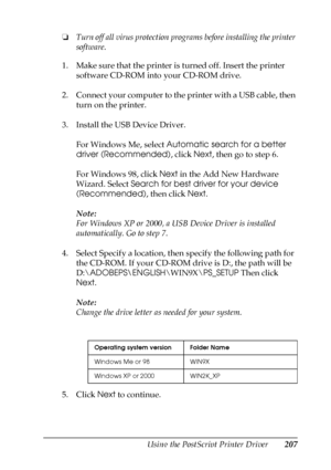 Page 207Using the PostScript Printer Driver207
6
6
6
6
6
6
6
6
6
6
6
6
❏Turn off all virus protection programs before installing the printer 
software.
1. Make sure that the printer is turned off. Insert the printer 
software CD-ROM into your CD-ROM drive.
2. Connect your computer to the printer with a USB cable, then 
turn on the printer.
3. Install the USB Device Driver.
For Windows Me, select Automatic search for a better 
driver (Recommended), click Next, then go to step 6.
For Windows 98, click Next in the...