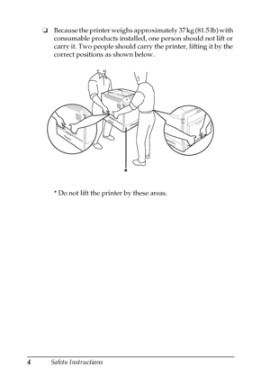 Page 44Safety Instructions ❏Because the printer weighs approximately 37 kg (81.5 lb) with 
consumable products installed, one person should not lift or 
carry it. Two people should carry the printer, lifting it by the 
correct positions as shown below.
* Do not lift the printer by these areas.
*
 