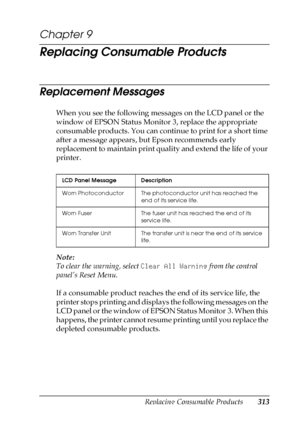 Page 313Replacing Consumable Products313
9
9
9
9
9
9
9
9
9
9
9
9
Chapter 9 
Replacing Consumable Products
Replacement Messages
When you see the following messages on the LCD panel or the 
window of EPSON Status Monitor 3, replace the appropriate 
consumable products. You can continue to print for a short time 
after a message appears, but Epson recommends early 
replacement to maintain print quality and extend the life of your 
printer.
Note:
To clear the warning, select Clear All Warning from the control...