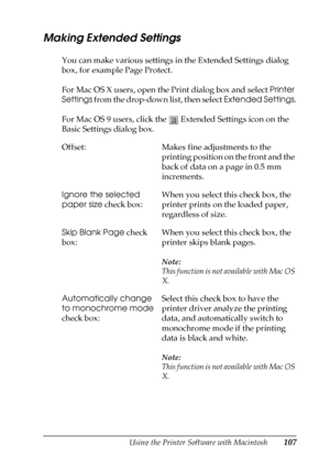 Page 107Using the Printer Software with Macintosh107
4
4
4
4
4
4
4
4
4
4
4
4
Making Extended Settings
You can make various settings in the Extended Settings dialog 
box, for example Page Protect. 
For Mac OS X users, open the Print dialog box and select Printer 
Settings from the drop-down list, then select Extended Settings.
For Mac OS 9 users, click the   Extended Settings icon on the 
Basic Settings dialog box.
Offset: Makes fine adjustments to the 
printing position on the front and the 
back of data on a...