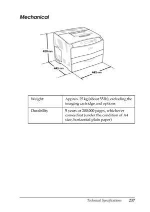 Page 237Technical Specifications237
A
A
A
A
A
A
A
A
A
A
A
A
Mechanical
Weight: Approx. 25 kg (about 55 lb), excluding the 
imaging cartridge and options
Durability 5 years or 200,000 pages, whichever 
comes first (under the condition of A4 
size, horizontal plain paper)
 