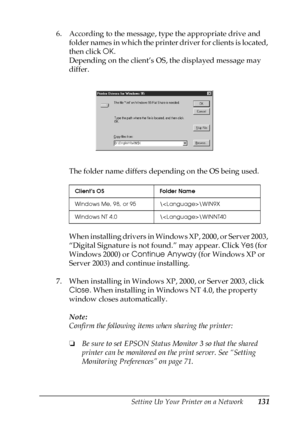 Page 131Setting Up Your Printer on a Network131
5
5
5
5
5
5
5
5
5
5
5
5
6. According to the message, type the appropriate drive and 
folder names in which the printer driver for clients is located, 
then click OK. 
Depending on the client’s OS, the displayed message may 
differ.
The folder name differs depending on the OS being used.
When installing drivers in Windows XP, 2000, or Server 2003, 
“Digital Signature is not found.” may appear. Click Yes (for 
Windows 2000) or Continue Anyway (for Windows XP or...