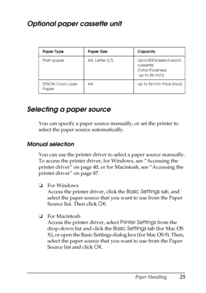 Page 25Paper Handling25
2
2
2
2
2
2
2
2
2
2
2
2
Optional paper cassette unit
Selecting a paper source
You can specify a paper source manually, or set the printer to 
select the paper source automatically.
Manual selection
You can use the printer driver to select a paper source manually.
To access the printer driver, for Windows, see “Accessing the 
printer driver” on page 40, or for Macintosh, see “Accessing the 
printer driver” on page 87. 
❏For Windows
Access the printer driver, click the Basic Settings tab,...