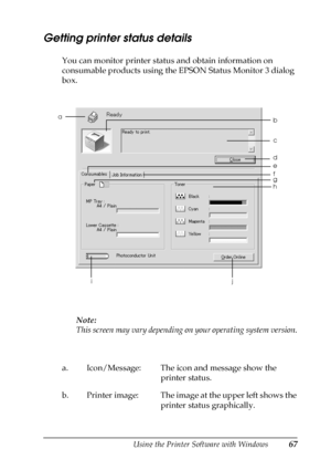 Page 67Using the Printer Software with Windows67
3
3
3
3
3
3
3
3
3
3
3
3
Getting printer status details
You can monitor printer status and obtain information on 
consumable products using the EPSON Status Monitor 3 dialog 
box.
Note:
This screen may vary depending on your operating system version.
a. Icon/Message: The icon and message show the 
printer status.
b. Printer image: The image at the upper left shows the 
printer status graphically.
a
b
c
i
d
g
h
e
f
j
 