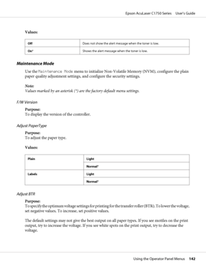 Page 142Values:
OffDoes not show the alert message when the toner is low.
On*Shows the alert message when the toner is low.
Maintenance Mode
Use the Maintenance Mode menu to initialize Non-Volatile Memory (NVM), configure the plain
paper quality adjustment settings, and configure the security settings.
Note:
Values marked by an asterisk (*) are the factory default menu settings.
F/W Version
Purpose: 
To display the version of the controller.
Adjust PaperType
Purpose: 
To adjust the paper type.
Values:
Plain...