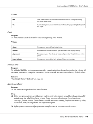Page 146Values:
Off*Does not automatically execute counter measures for curling/separating
discharge of the paper.
OnAutomatically executes counter measures for curling/separating discharge of
the paper.
Chart
Purpose: 
To print various charts that can be used for diagnosing your printer.
Values:
GhostPrints a chart to check for ghost printing.
4ColorsPrints bands of yellow, magenta, cyan, and black with varying density.
AlignmentPrints a chart, and then check for proper alignment of the print image on the...