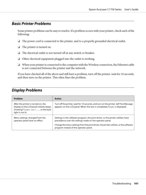 Page 161Basic Printer Problems
S o m e  p r i n t e r  p r o b l e m s  c a n  b e  e a s y  t o  r e s o l v e .  I f  a  p r o b l e m  o c c u r s  w i t h  y o u r  p r i n t e r ,  c h e c k  e a c h  o f  t h e
following:
❏The power cord is connected to the printer, and to a properly grounded electrical outlet.
❏The printer is turned on.
❏The electrical outlet is not turned off at any switch or breaker.
❏Other electrical equipment plugged into the outlet is working.
❏When your printer is connected to the...