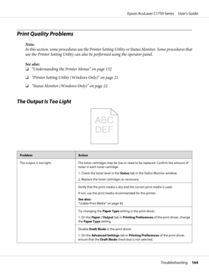 Page 164Print Quality Problems
Note:
In this section, some procedures use the Printer Setting Utility or Status Monitor. Some procedures that
use the Printer Setting Utility can also be performed using the operator panel.
See also:
❏“Understanding the Printer Menus” on page 132
❏“Printer Setting Utility (Windows Only)” on page 21
❏“Status Monitor (Windows Only)” on page 22
The Output Is Too Light
ProblemAction
The output is too light. The toner cartridges may be low or need to be replaced. Confirm the amount of...