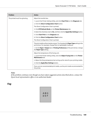 Page 169ProblemAction
The printed result has ghosting. Adjust the transfer bias.
1. Launch the Printer Setting Utility, and click Chart Print on the Diagnosis tab.
2. Click the Ghost Configuration Chart button.
The Ghost Configuration Chart is printed.
3. Click BTR Refresh Mode on the Printer Maintenance tab.
4. Select the check box next to On, and then click the Apply New Settings button.
5. Click Chart Print on the Diagnosis tab.
6. Click the Ghost Configuration Chart button.
The Ghost Configuration Chart is...