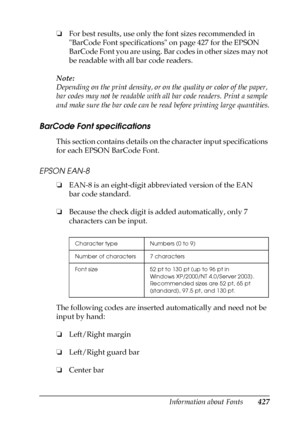 Page 427Information about Fonts427
C
C
C
C
C
C
C
C
C
C
C
C
❏For best results, use only the font sizes recommended in  
BarCode Font specifications on page 427 for the EPSON 
BarCode Font you are using. Bar codes in other sizes may not 
be readable with all bar code readers.
Note:
Depending on the print density, or on the quality or color of the paper, 
bar codes may not be readable with all bar code readers. Print a sample 
and make sure the bar code can be read before printing large quantities.
BarCode Font...