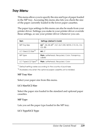 Page 229Using the Control Panel229
7
7
7
7
7
7
7
7
7
7
7
7
Tray Menu
This menu allows you to specify the size and type of paper loaded 
in the MP tray. Accessing this menu also lets you check the size 
of the paper currently loaded in the lower paper cassettes.
T he p ap er  ty p e sett ing s i n t his m enu can al so be m ad e fr om y our  
printer driver. Settings you make in your printer driver override 
these settings, so use your printer driver whenever you can.
*1Default setting varies according to the...