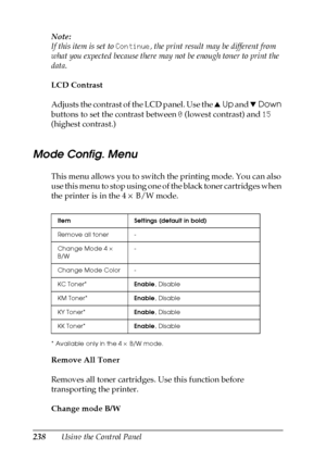 Page 238238Using the Control Panel Note:
If this item is set to Continue, the print result may be different from 
what you expected because there may not be enough toner to print the 
data.
LCD Contrast
Adjusts the contrast of the LCD panel. Use the uUp and dDown 
buttons to set the contrast between 0 (lowest contrast) and 15 
(highest contrast.)
Mode Config. Menu
This menu allows you to switch the printing mode. You can also 
use this menu to stop using one of the black toner cartridges when 
the printer is in...