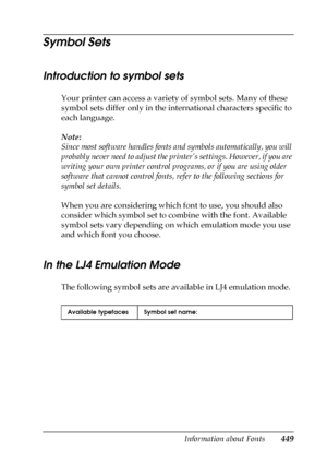 Page 449Information about Fonts449
C
C
C
C
C
C
C
C
C
C
C
C
Symbol Sets
Introduction to symbol sets
Your printer can access a variety of symbol sets. Many of these 
symbol sets differ only in the international characters specific to 
each language.
Note:
Since most software handles fonts and symbols automatically, you will 
probably never need to adjust the printer’s settings. However, if you are 
writing your own printer control programs, or if you are using older 
software that cannot control fonts, refer to...