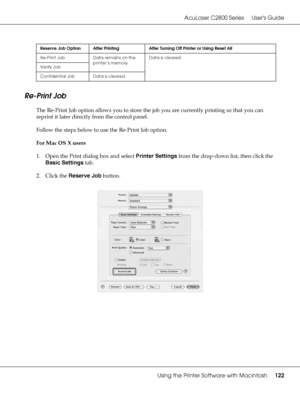 Page 122AcuLaser C2800 Series Users Guide
Using the Printer Software with Macintosh122
Re-Print Job
The Re-Print Job option allows you to store the job you are currently printing so that you can 
reprint it later directly from the control panel.
Follow the steps below to use the Re-Print Job option.
For Mac OS X users
1. Open the Print dialog box and select Printer Settings from the drop-down list, then click the 
Basic Settings tab.
2. Click the Reserve Job button.
Reserve Job Option After Printing After...