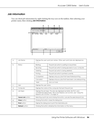 Page 84AcuLaser C2800 Series Users Guide
Using the Printer Software with Windows84
Job Information
You can check job information by right-clicking the tray icon on the taskbar, then selecting your 
printer name, then clicking Job Information.
a. Job Name: Displays the user’s print job names. Other user’s print jobs are displayed as 
--------.
b. Status: Waiting: The print job which is waiting to be printed.
Spooling: The print job which is being spooled on your computer.
Deleting: The print job which is being...