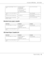 Page 35AcuLaser C2800 Series Users Guide
Paper Handling35
Standard lower paper cassette
550-sheet Paper Cassette Unit
Extra thick paper Weight: 164 to 216 
g/m²A4, A5, B5, Letter (LT),
Half-Letter (HLT),
Executive (EXE),
Government Letter (GLT)
Custom-size paper:
76.2 × 98.4 mm minimum
220 × 355.6 mm maximumUp to 15 mm thick stack
EPSON Color Laser Paper Weight: 82 
g/m²A4 Up to 150 sheets
(Total thick stack: up to 15 mm)
EPSON Color Laser TransparenciesA4, Letter (LT) Up to 75 sheets
(Total thick stack: up to...