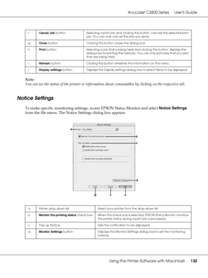 Page 130AcuLaser C2800 Series Users Guide
Using the Printer Software with Macintosh130
Note:
You can see the status of the printer or information about consumables by clicking on the respective tab.
Notice Settings
To make specific monitoring settings, access EPSON Status Monitor and select Notice Settings 
from the file menu. The Notice Settings dialog box appears.
f.Cancel Job button: Selecting a print job and clicking this button, cancels the selected print 
job. You can only cancel the jobs you send.
g.Close...