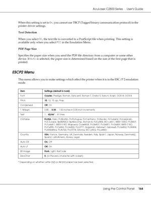 Page 164AcuLaser C2800 Series Users Guide
Using the Control Panel164
When this setting is set to On, you cannot use TBCP (Tagged binary communication protocol) in the 
printer driver settings.
Text Detection
When you select On, the text file is converted to a PostScript file when printing. This setting is 
available only when you select PS3 in the Emulation Menu.
PDF Page Size
Specifies the paper size when you send the PDF file directory from a computer or some other 
device. If Auto is selected, the paper size...