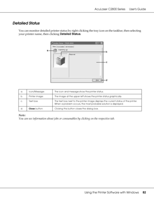 Page 82AcuLaser C2800 Series Users Guide
Using the Printer Software with Windows82
Detailed Status
You can monitor detailed printer status by right-clicking the tray icon on the taskbar, then selecting 
your printer name, then clicking Detailed Status.
Note:
You can see information about jobs or consumables by clicking on the respective tab.
a. Icon/Message: The icon and message show the printer status.
b. Printer image: The image at the upper left shows the printer status graphically.
c. Text box: The text box...