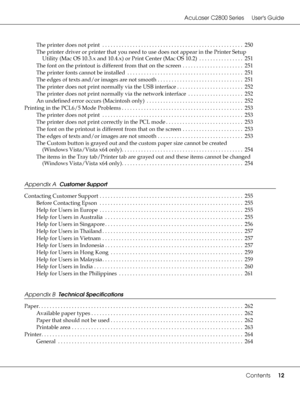 Page 12AcuLaser C2800 Series Users Guide
Contents12
The printer does not print  . . . . . . . . . . . . . . . . . . . . . . . . . . . . . . . . . . . . . . . . . . . . . . . . . . . 250
The printer driver or printer that you need to use does not appear in the Printer Setup 
Utility (Mac OS 10.3.x and 10.4.x) or Print Center (Mac OS 10.2)  . . . . . . . . . . . . . . . .  251
The font on the printout is different from that on the screen  . . . . . . . . . . . . . . . . . . . . . .  251
The printer fonts cannot...