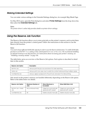 Page 121AcuLaser C2800 Series Users Guide
Using the Printer Software with Macintosh121
Making Extended Settings
You can make various settings in the Extended Settings dialog box, for example Skip Blank Page.
For Mac OS X users, open the Print dialog box and select Printer Settings from the drop-down list, 
then select the Extended Settings tab.
Note:
The printer driver’s online help provides details on printer driver settings.
Using the Reserve Job Function
The Reserve Job function allows you to store print jobs...