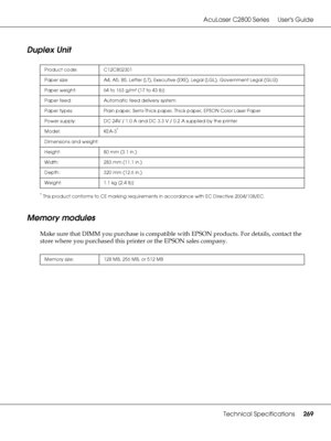 Page 269AcuLaser C2800 Series Users Guide
Technical Specifications269
Duplex Unit
*This product conforms to CE marking requirements in accordance with EC Directive 2004/108/EC.
Memory modules
Make sure that DIMM you purchase is compatible with EPSON products. For details, contact the 
store where you purchased this printer or the EPSON sales company.
Product code: C12C802301
Paper size: A4, A5, B5, Letter (LT), Executive (EXE), Legal (LGL), Government Legal (GLG)
Paper weight: 64 to 163 g/m² (17 to 43 lb)
Paper...