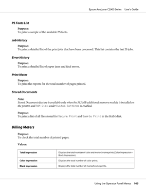 Page 105PS Fonts List
Purpose:
To print a sample of the available PS fonts.
Job History
Purpose:
To print a detailed list of the print jobs that have been processed. This list contains the last 20 jobs.
Error History
Purpose:
To print a detailed list of paper jams and fatal errors.
Print Meter
Purpose:
To print the reports for the total number of pages printed.
Stored Documents
Note:
Stored Documents feature is available only when the 512 MB additional memory module is installed on
the printer and RAM Disk under...