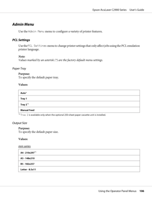 Page 106Admin Menu
Use the Admin Menu menu to configure a variety of printer features.
PCL Settings
Use the PCL Settings menu to change printer settings that only affect jobs using the PCL emulation
printer language.
Note:
Values marked by an asterisk (*) are the factory default menu settings.
Paper Tray
Purpose:
To specify the default paper tray.
Values:
Auto*
Tray 1
Tray 2
*1
Manual Feed
*1Tray 2 is available only when the optional 250-sheet paper cassette unit is installed.
Output Size
Purpose:
To specify the...