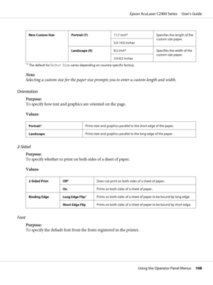 Page 108New Custom Size Portrait (Y)11.7 inch* Specifies the length of the
custom size paper.
5.0-14.0 inches
Landscape (X)8.3 inch* Specifies the width of the
custom size paper.
3.0-8.5 inches
*1The default for Output Size varies depending on country-specific factory.
Note:
Selecting a custom size for the paper size prompts you to enter a custom length and width.
Orientation
Purpose:
To specify how text and graphics are oriented on the page.
Values:
Portrait*Prints text and graphics parallel to the short edge...