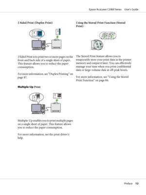 Page 122 Sided Print (Duplex Print)
2 Sided Print is to print two or more pages on the
front and back side of a single sheet of paper.
This feature allows you to reduce the paper
consumption.
For more information, see “Duplex Printing” on
page 87.Using the Stored Print Function (Stored
Print)The Stored Print feature allows you to
temporarily store your print data in the printer
memory and output it later. You can effectively
manage your time when you print confidential
data or large-volume data at off-peak...