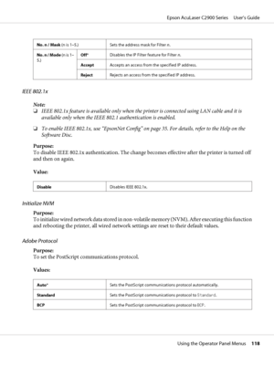 Page 118No. n / Mask (n is 1–5.)Sets the address mask for Filter n.
No. n / Mode (n is 1–
5.)Off*Disables the IP Filter feature for Filter n.
AcceptAccepts an access from the specified IP address.
RejectRejects an access from the specified IP address.
IEEE 802.1x
Note:
❏IEEE 802.1x feature is available only when the printer is connected using LAN cable and it is
available only when the IEEE 802.1 authentication is enabled.
❏To enable IEEE 802.1x, use “EpsonNet Config” on page 35. For details, refer to the Help...