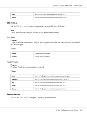 Page 119TBCPSets the PostScript communications protocol to TBCP.
BinarySets the PostScript communications protocol to Binary.
USB Settings
Use the USB Settings menu to change printer settings affecting a USB port.
Note:
Values marked by an asterisk (*) are the factory default menu settings.
Port Status
Purpose:
To specify whether to enable the USB port. The change becomes effective after the printer is turned off
and then on again.
Values:
DisableDisables the USB interface.
Enable*Enables the USB interface....