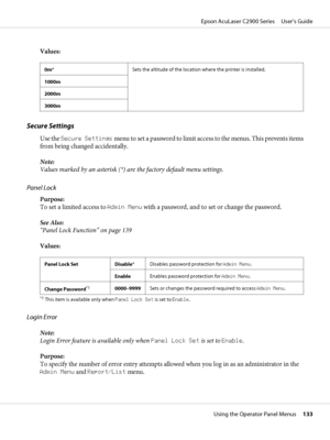 Page 133Values:
0m*Sets the altitude of the location where the printer is installed.
1000m
2000m
3000m
Secure Settings
Use the Secure Settings menu to set a password to limit access to the menus. This prevents items
from being changed accidentally.
Note:
Values marked by an asterisk (*) are the factory default menu settings.
Panel Lock
Purpose:
To set a limited access to Admin Menu with a password, and to set or change the password.
See Also:
“Panel Lock Function” on page 139
Values:
Panel Lock Set...