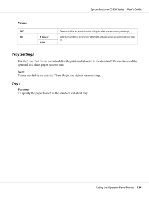 Page 134Values:
Off*Does not allow an administrator to log in after one error entry attempt.
On 5 times*Sets the number of error entry attempts allowed when an administrator logs
in.
1-10
Tray Settings
Use the Tray Settings menu to define the print media loaded in the standard 250-sheet tray and the
optional 250-sheet paper cassette unit.
Note:
Values marked by an asterisk (*) are the factory default menu settings.
Tray 1
Purpose:
To specify the paper loaded in the standard 250-sheet tray.
Epson AcuLaser C2900...