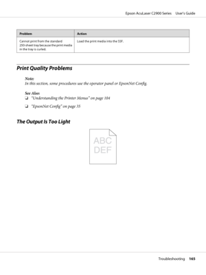 Page 165ProblemAction
Cannot print from the standard
250-sheet tray because the print media
in the tray is curled.Load the print media into the SSF.
Print Quality Problems
Note:
In this section, some procedures use the operator panel or EpsonNet Config.
See Also:
❏“Understanding the Printer Menus” on page 104
❏“EpsonNet Config” on page 35
The Output Is Too Light
Epson AcuLaser C2900 Series     User’s Guide
Troubleshooting     165
 