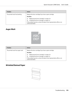 Page 178ProblemAction
The printed result has banding. Replace the drum cartridge if you have a spare cartridge.
See Also:
❏“Replacing the Drum Cartridge” on page 210
❏“Installing the Drum Cartridge” on page 212
If the problem persists, contact the Epson local representative office or an
authorised dealer.
Auger Mark
ProblemAction
The printed result has auger mark. Replace the drum cartridge if you have a spare cartridge.
See Also:
❏“Replacing the Drum Cartridge” on page 210
❏“Installing the Drum Cartridge” on...
