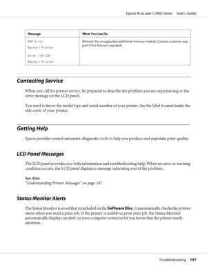 Page 197Message What You Can Do
RAM Error
Restart Printer
Error 116-320
Restart PrinterRemove the unsupported additional memory module. Contact customer sup-
port if this failure is repeated.
Contacting Service
When you call for printer service, be prepared to describe the problem you are experiencing or the
error message on the LCD panel.
You need to know the model type and serial number of your printer. See the label located inside the
side cover of your printer.
Getting Help
Epson provides several automatic...