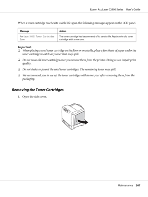 Page 207When a toner cartridge reaches its usable life-span, the following messages appear on the LCD panel.
Message Action
Replace XXXX Toner Cartridge
SoonThe toner cartridge has become end of its service life. Replace the old toner
cartridge with a new one.
Important:
❏When placing a used toner cartridge on the floor or on a table, place a few sheets of paper under the
toner cartridge to catch any toner that may spill.
❏Do not reuse old toner cartr i d g e s  o n c e  y o u  r e m o v e  t h e m  f r o m  t...